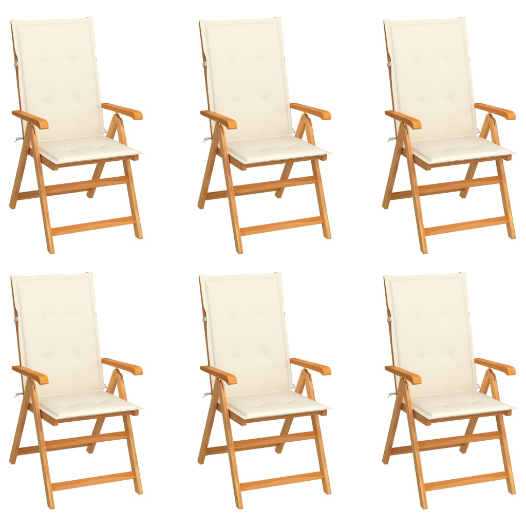 vidaXL dārza krēsli, krēmkrāsas matrači, 6 gab., masīvs tīkkoks