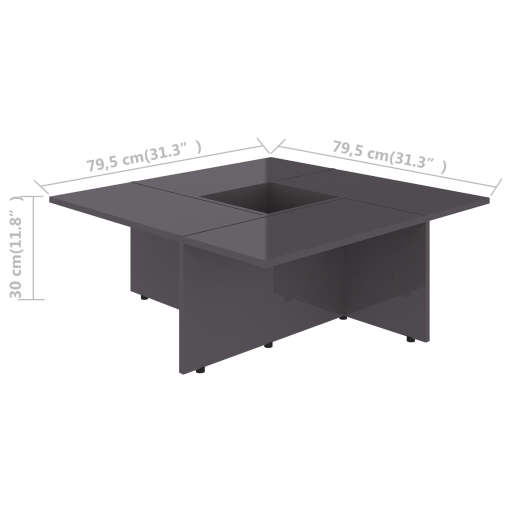 vidaXL kafijas galdiņš, spīdīgi pelēks, 79,5x79,5x30cm, skaidu plāksne