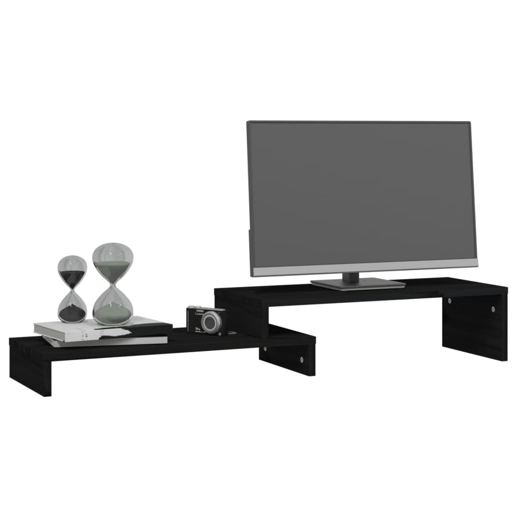 vidaXL monitora paliktnis, melns, (52-101)x22x14 cm, priedes masīvkoks
