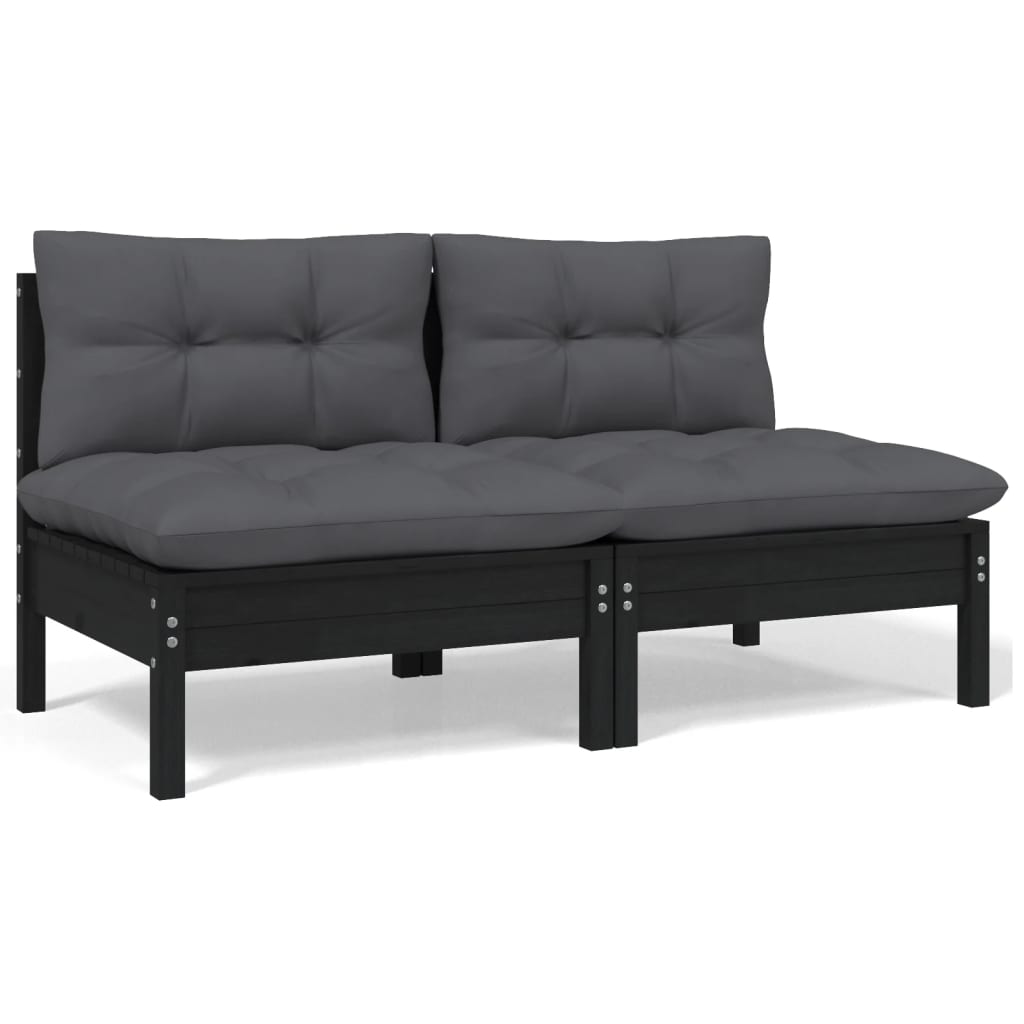 vidaXL 2-vietīgs dārza dīvāns ar spilveniem, melns priedes masīvkoks
