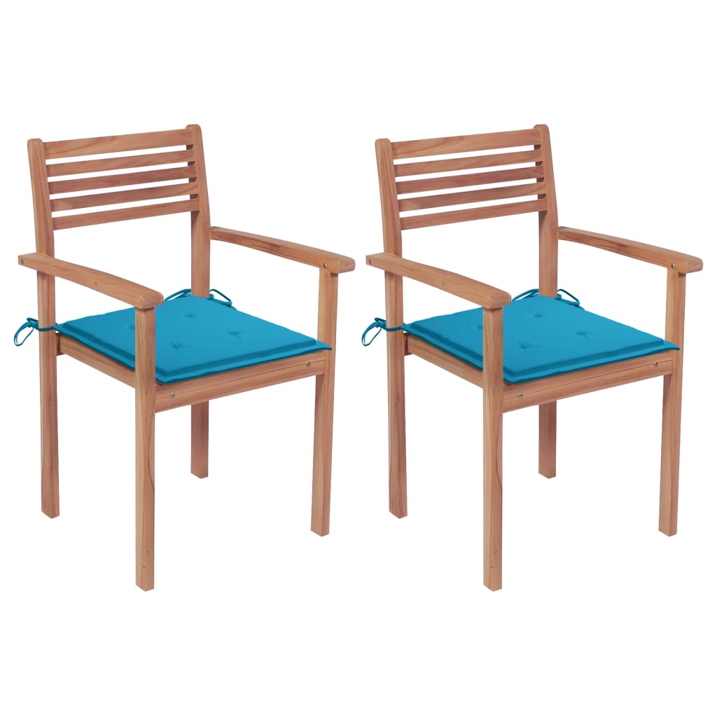 vidaXL dārza krēsli, 2 gab., zili matrači, masīvs tīkkoks