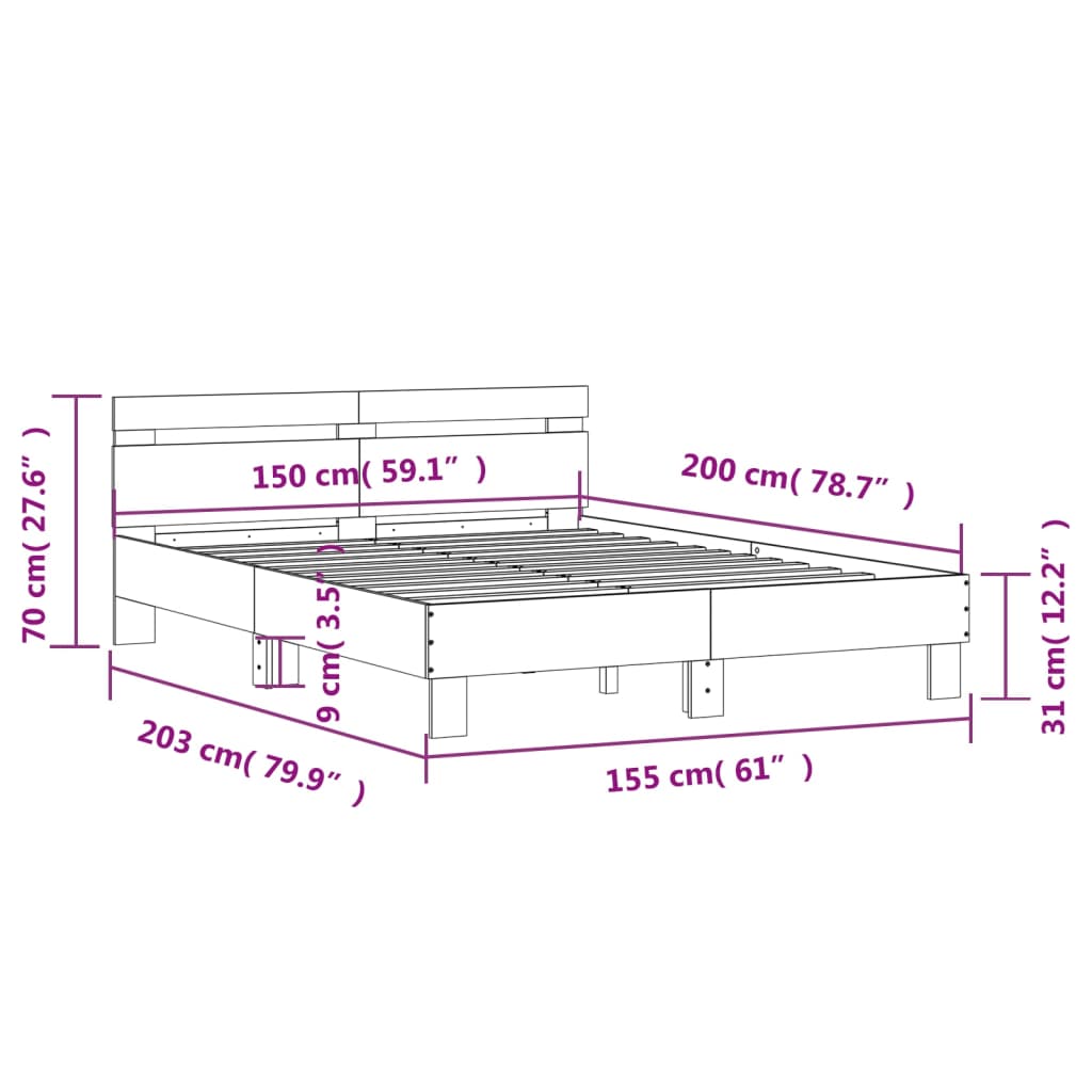vidaXL gultas rāmis ar galvgali, balts, 150x200 cm, inženierijas koks