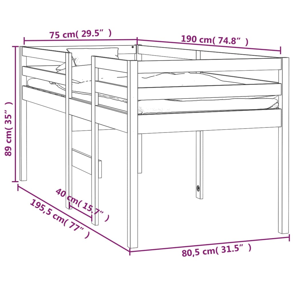 vidaXL augstā gulta, balta, 75x190 cm, priedes masīvkoks