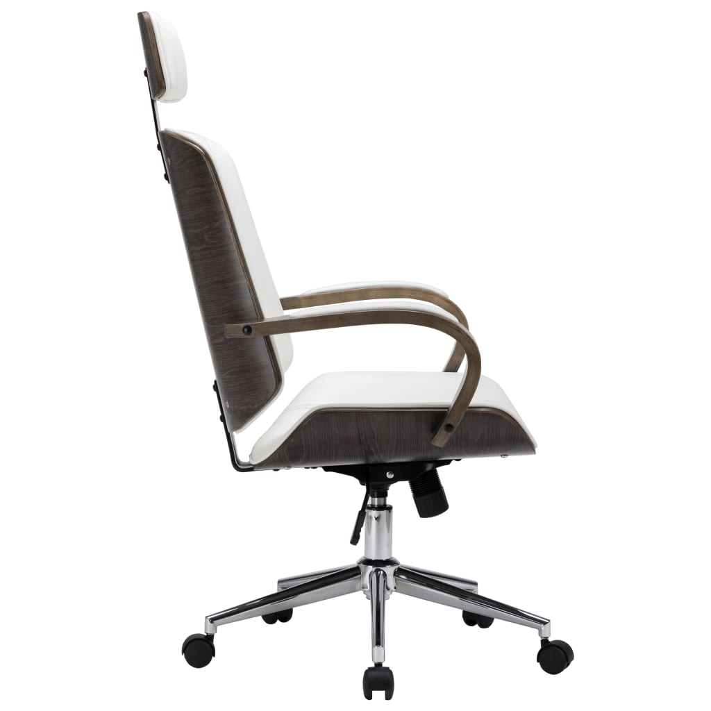 vidaXL grozāms biroja krēsls, balta mākslīgā āda un liekts koks