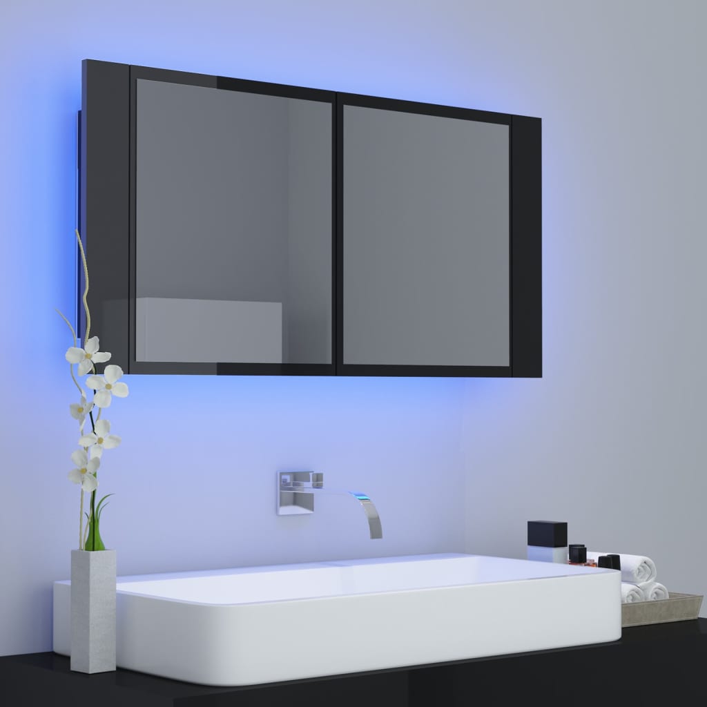 vidaXL vannasistabas spoguļskapītis ar LED, melns, 90x12x45 cm, akrils