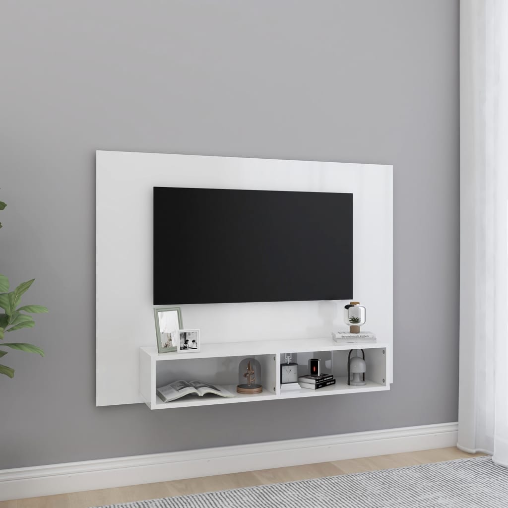 vidaXL sienas TV plaukts, spīdīgi balts, 120x23,5x90 cm, skaidu plātne