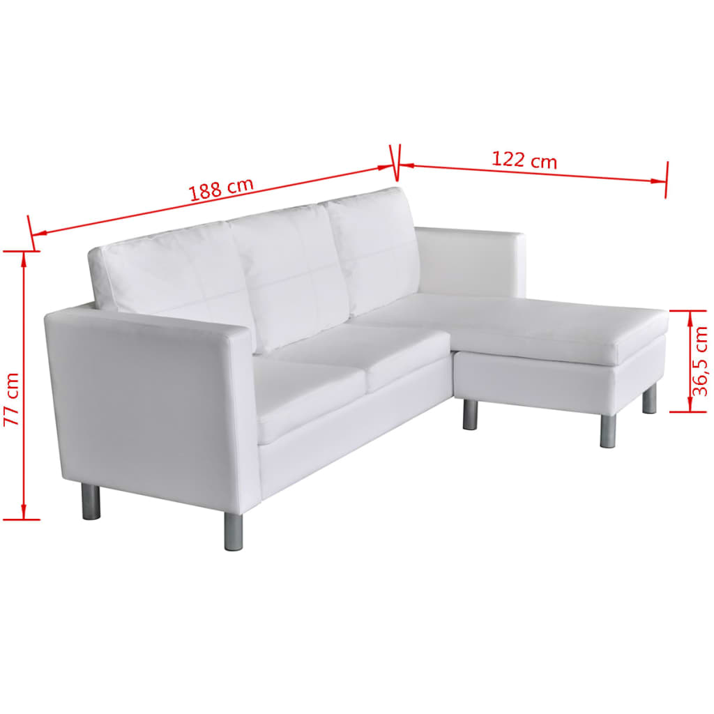 vidaXL stūra dīvāns, trīsvietīgs, balta mākslīgā āda