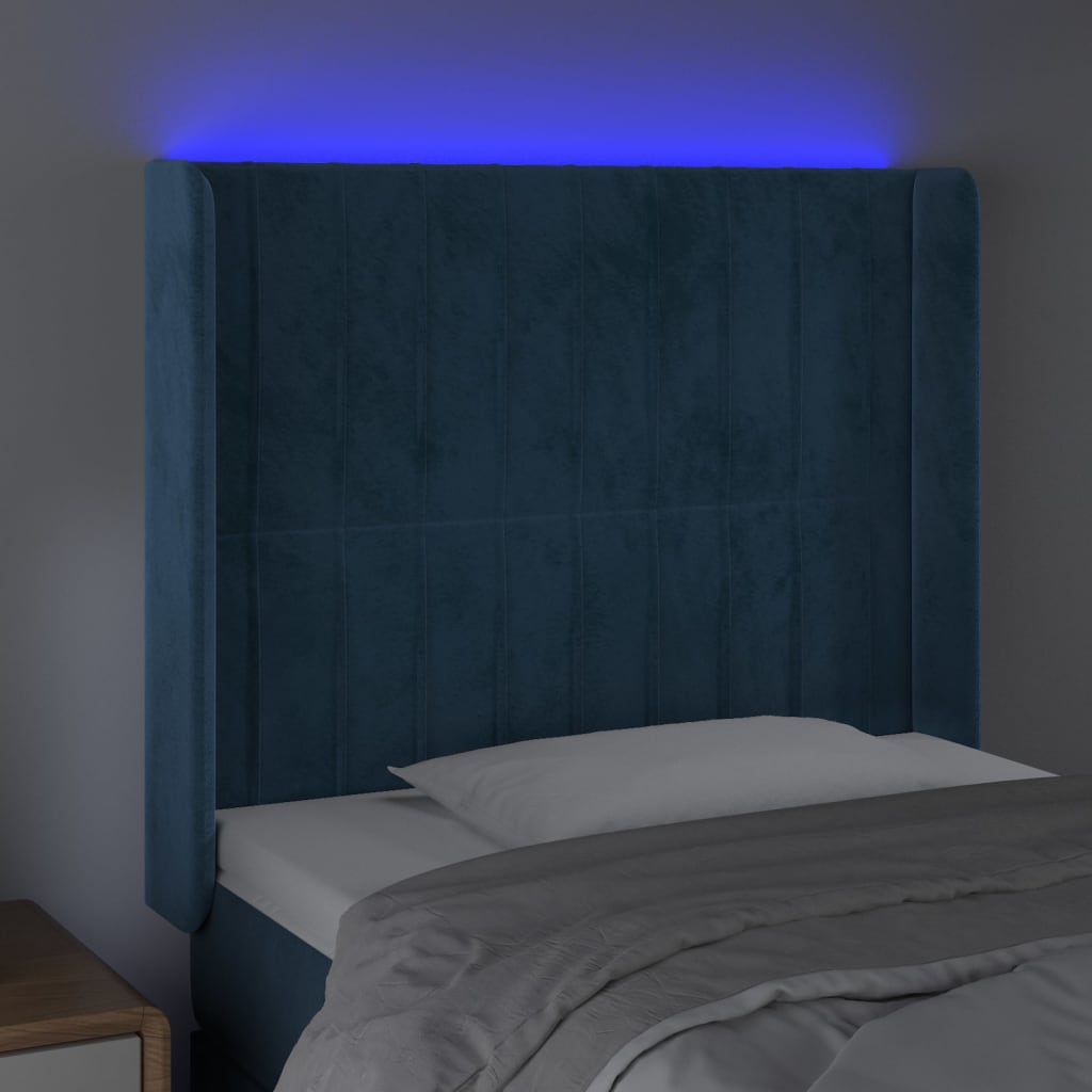 vidaXL gultas galvgalis ar LED, 103x16x118/128 cm, tumši zils samts