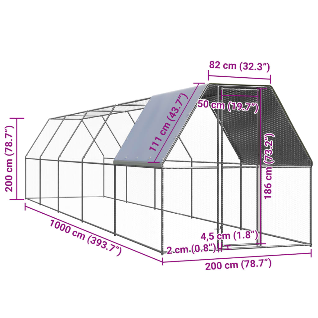 vidaXL vistu būris, 2x10x2 m, cinkots tērauds