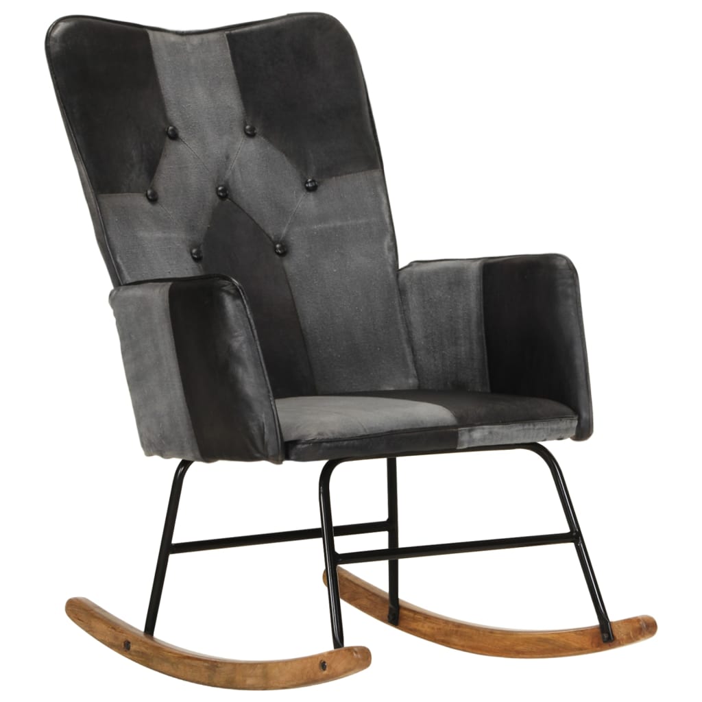 vidaXL šūpuļkrēsls, melna dabīgā āda un audums
