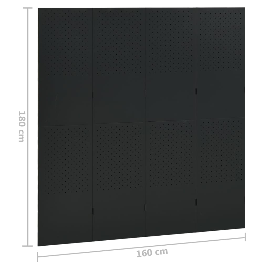 vidaXL 4-paneļu istabas aizslietnis, melns, 160x180 cm, tērauds