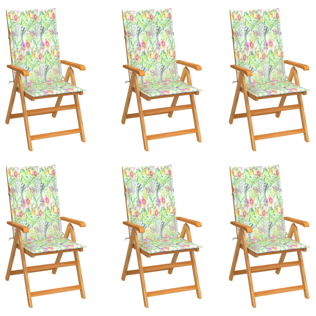 vidaXL dārza krēsli, matrači ar lapu apdruku, 6 gab., masīvs tīkkoks