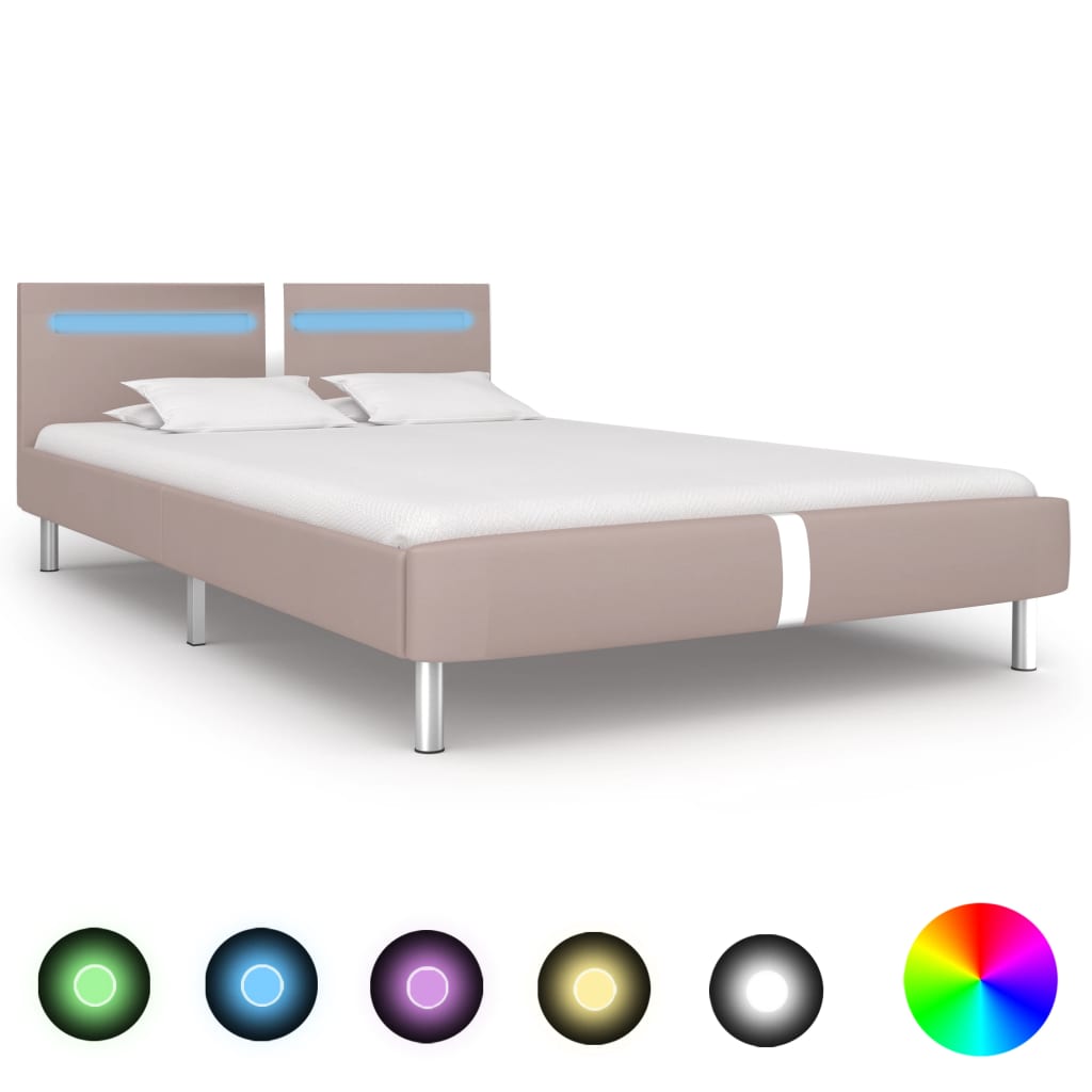 vidaXL gultas rāmis ar LED, kapučīno krāsas mākslīgā āda, 140x200 cm