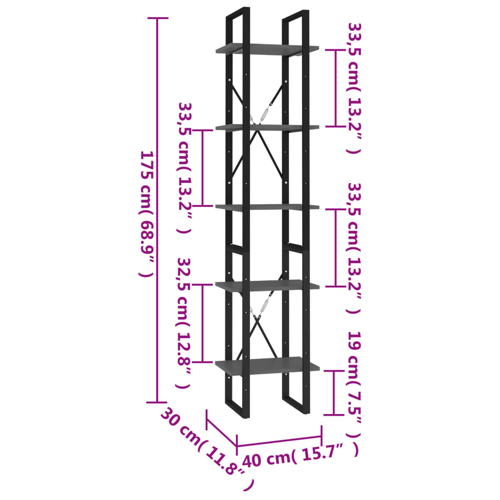 vidaXL 5-līmeņu grāmatu plaukts, 40x30x175 cm, inženierijas koks