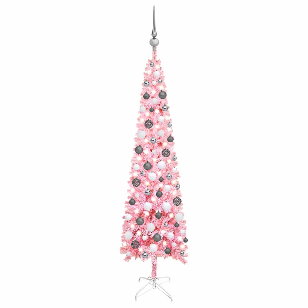 vidaXL izgaismota Ziemassvētku egle ar rotājumiem, rozā, 150 cm