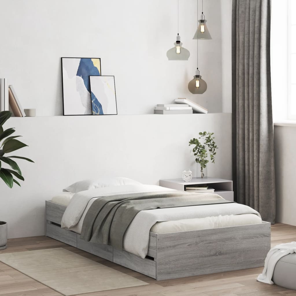 vidaXL gultas rāmis ar atvilktnēm, pelēka ozola, 75x190 cm