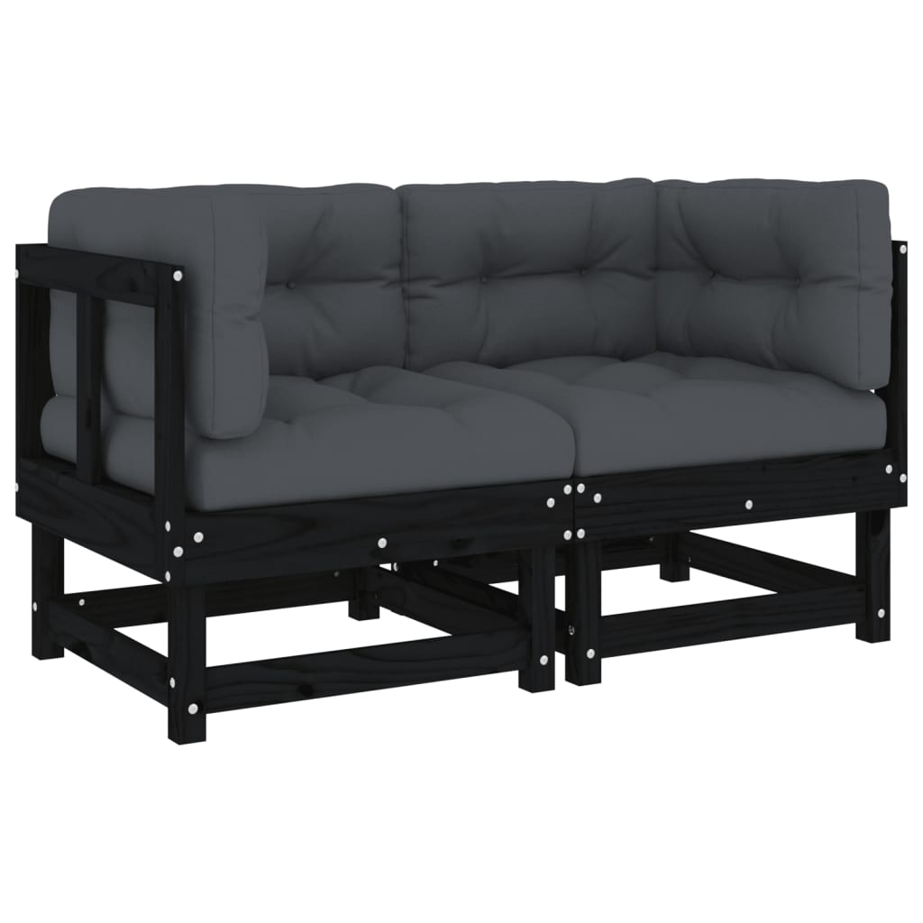 vidaXL stūra dīvāni ar matračiem, 2 gab., melns priedes masīvkoks