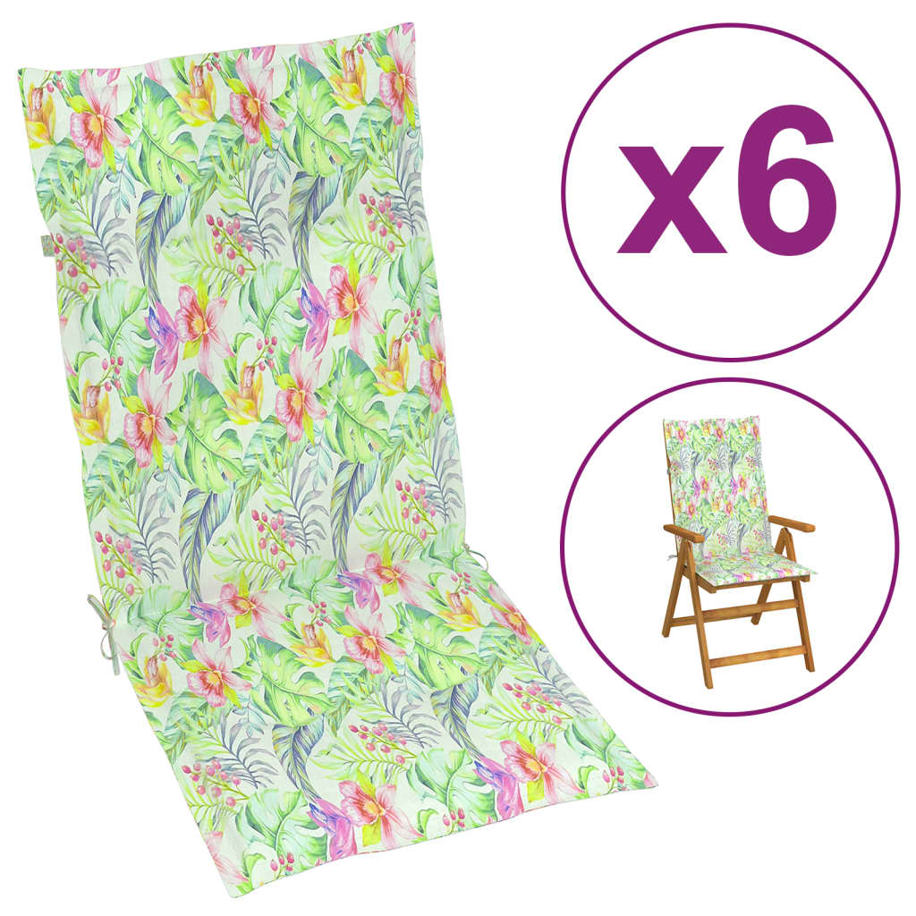 vidaXL dārza krēslu spilveni, 6 gb., lapu apdruka, 120x50x3 cm, audums