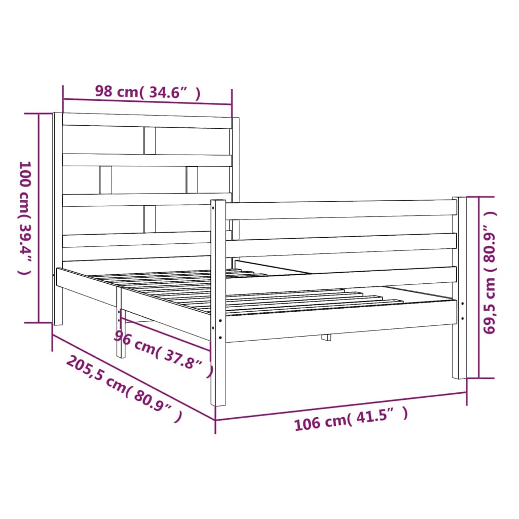 vidaXL gultas rāmis, priedes masīvkoks, 100x200 cm