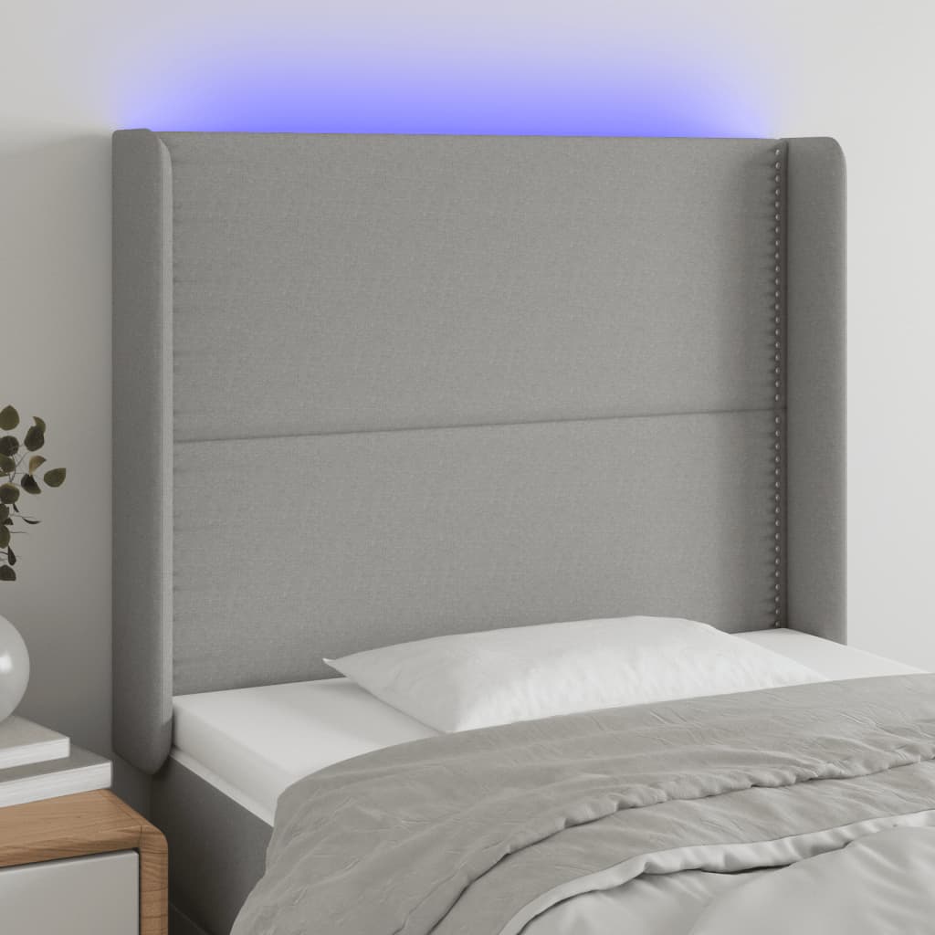 vidaXL gultas galvgalis ar LED, 93x16x118/128 cm, gaiši pelēks audums