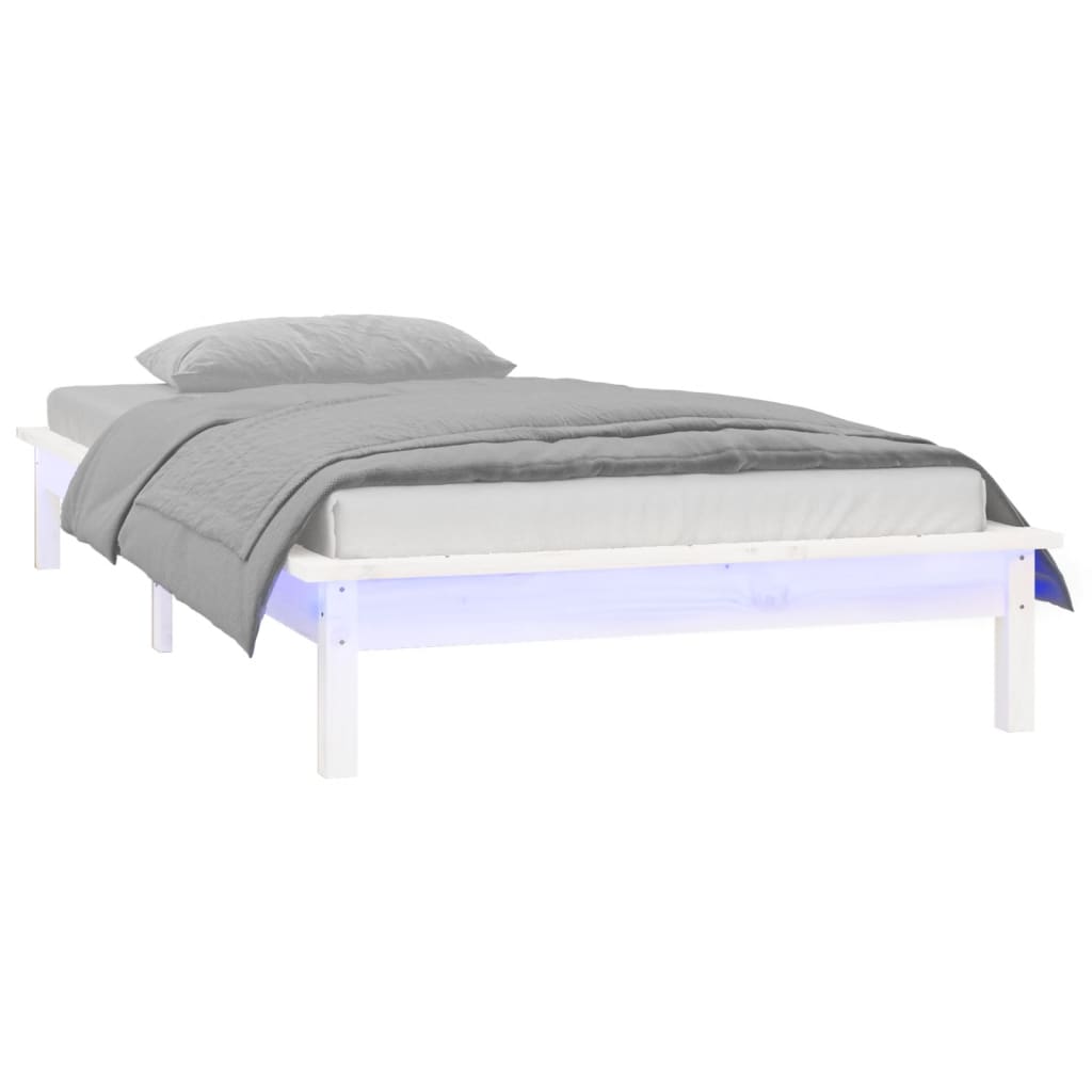 vidaXL gultas rāmis, LED, balts, 75x190 cm, vienvietīgs, masīvkoks