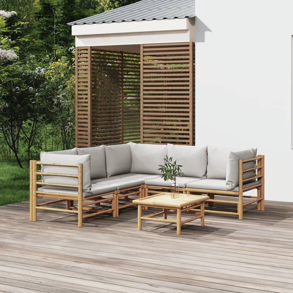 vidaXL 6-daļīgs dārza dīvānu komplekts ar pelēkiem matračiem, bambuss
