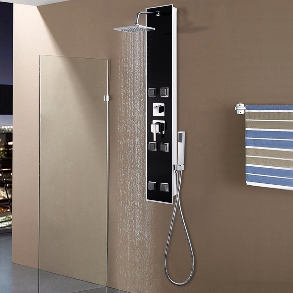 vidaXL dušas sistēma ar paneli, 18x42,1x120 cm, stikls, melna