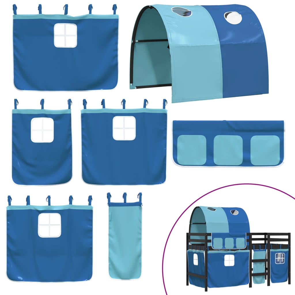 vidaXL bērnu augstā gulta ar tuneli, zila, 90x200 cm, priede