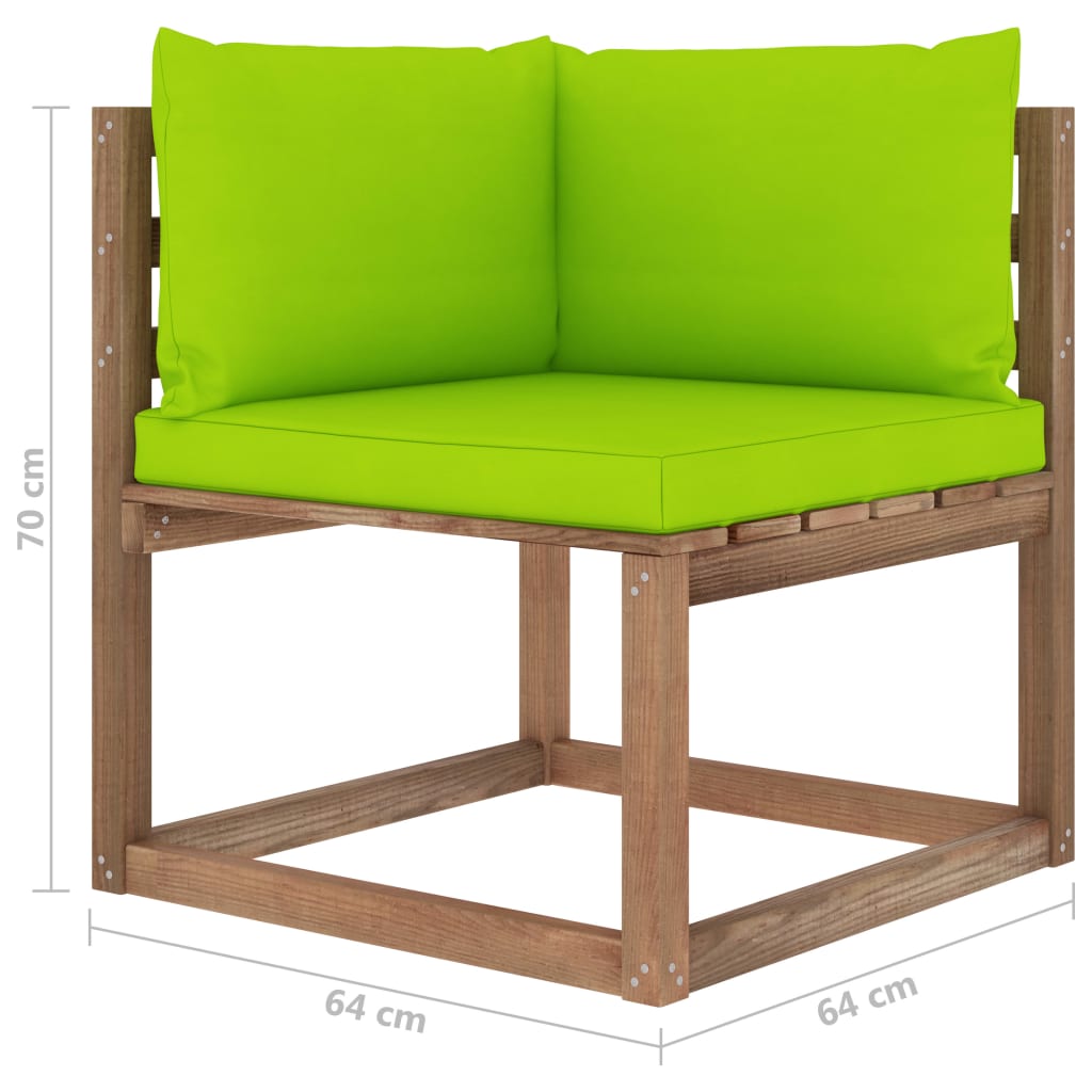 vidaXL dārza palešu stūra dīvāns ar spilgti zaļiem matračiem