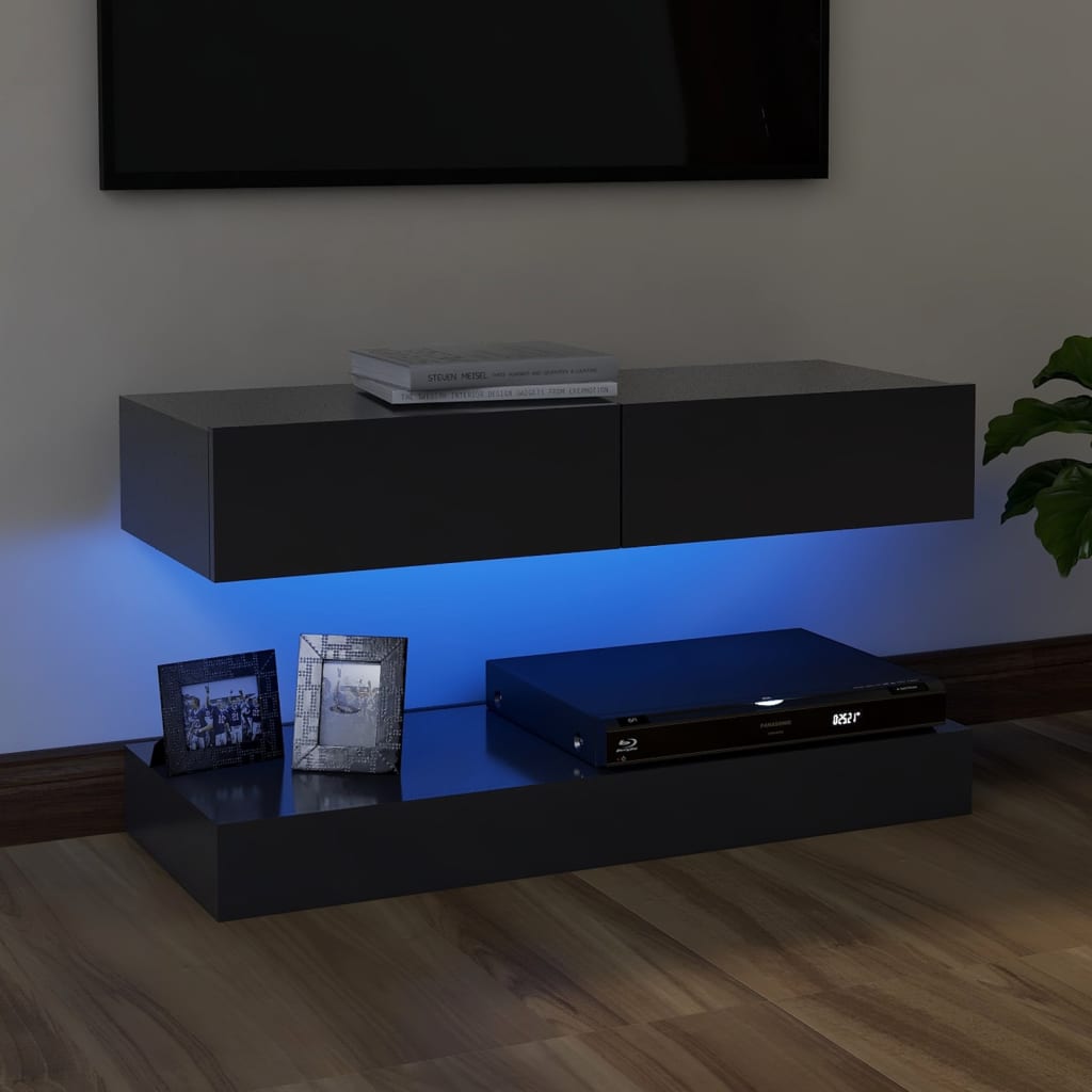 vidaXL TV plaukts ar LED lampiņām, 90x35 cm, pelēks