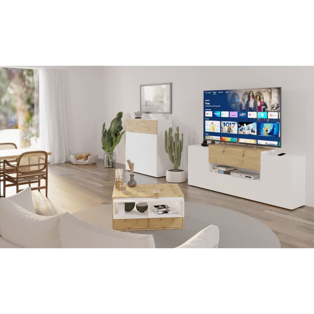 FMD TV skapītis, 182x33x70,2 cm, balta un koka krāsa