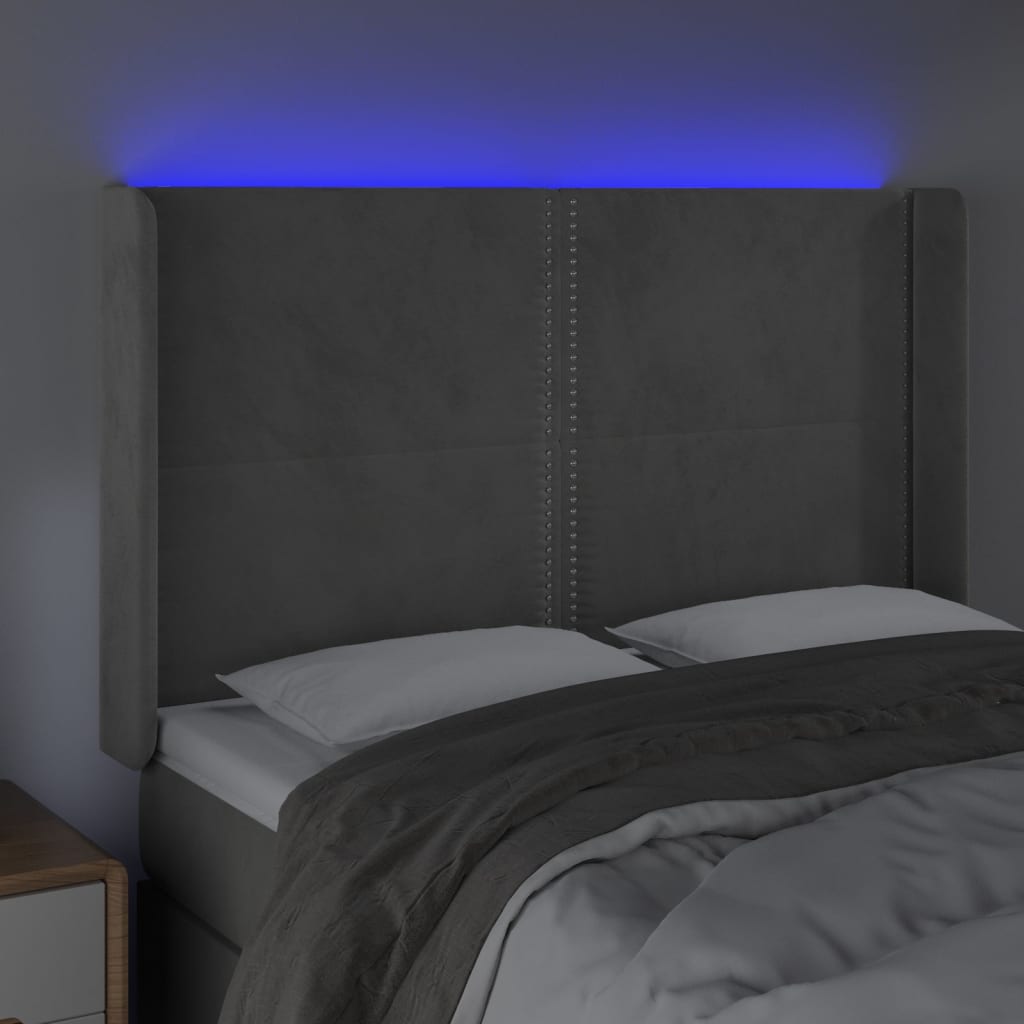 vidaXL gultas galvgalis ar LED, 147x16x118/128 cm, gaiši pelēks samts