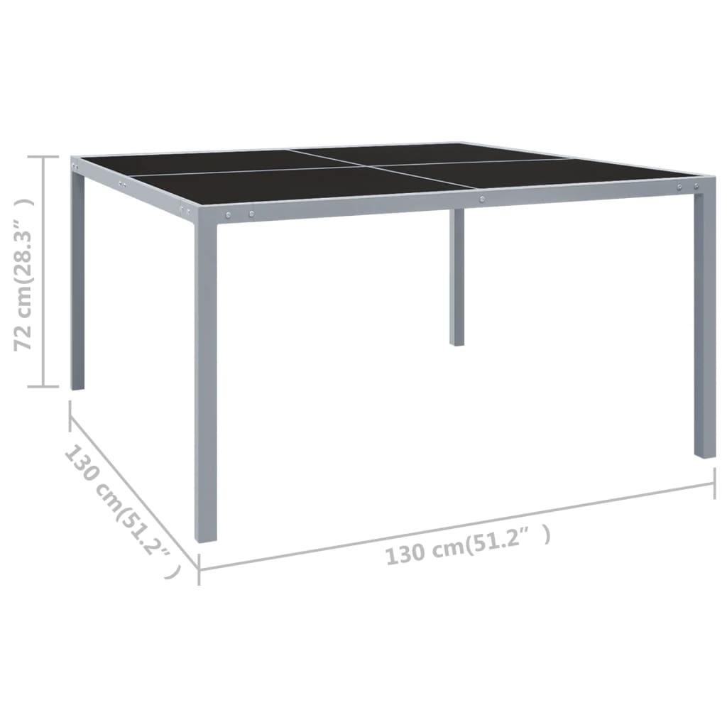 vidaXL dārza galds, 130x130x72 cm, pelēks, tērauds, stikls