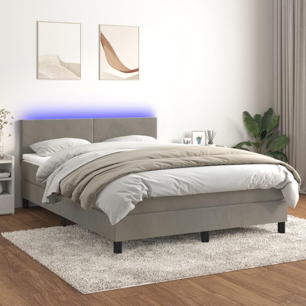 vidaXL atsperu gulta ar matraci, LED, gaiši pelēks samts, 140x200 cm