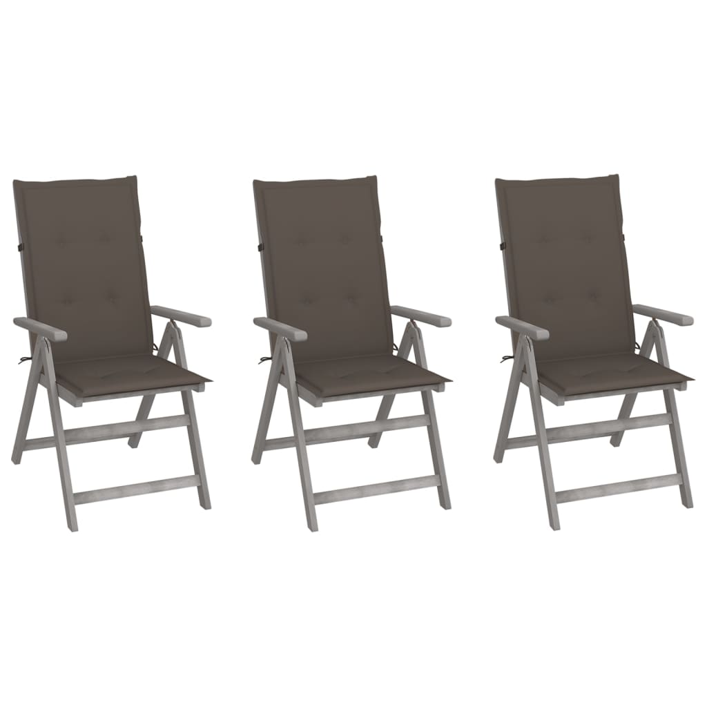 vidaXL atgāžami dārza krēsli ar matračiem, 3 gab., akācijas masīvkoks