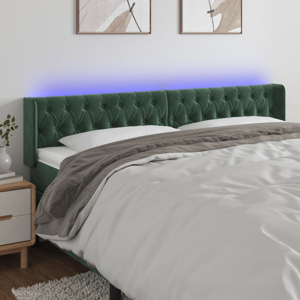 vidaXL gultas galvgalis ar LED, 203x16x78/88 cm, tumši zaļš samts