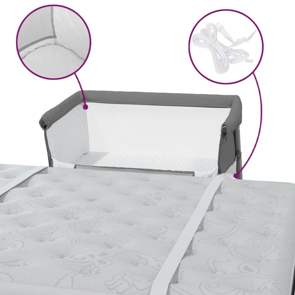 vidaXL bērnu gultiņa ar matraci, tumši pelēks lina audums