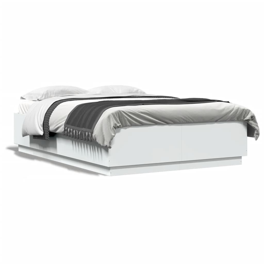 vidaXL gultas rāmis ar LED, balts, 150x200 cm, inženierijas koks