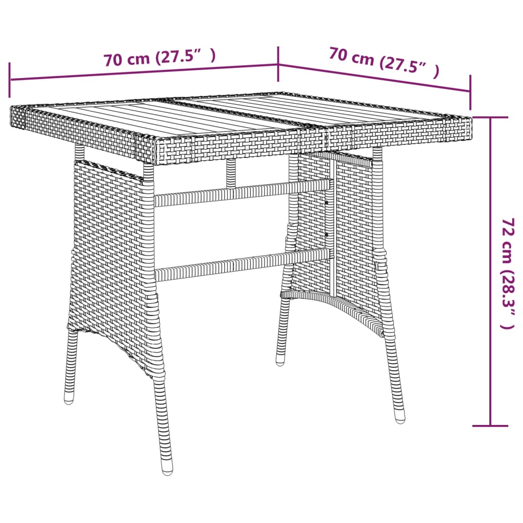 vidaXL dārza galds, 70x70x72 cm, melna PE rotangpalma, akācijas koks