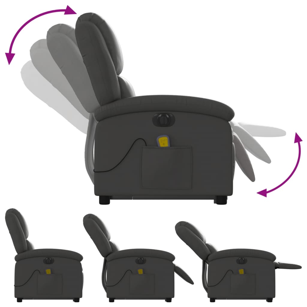 vidaXL elektrisks masāžas krēsls, paceļams/atgāžams, pelēka dabīgā āda