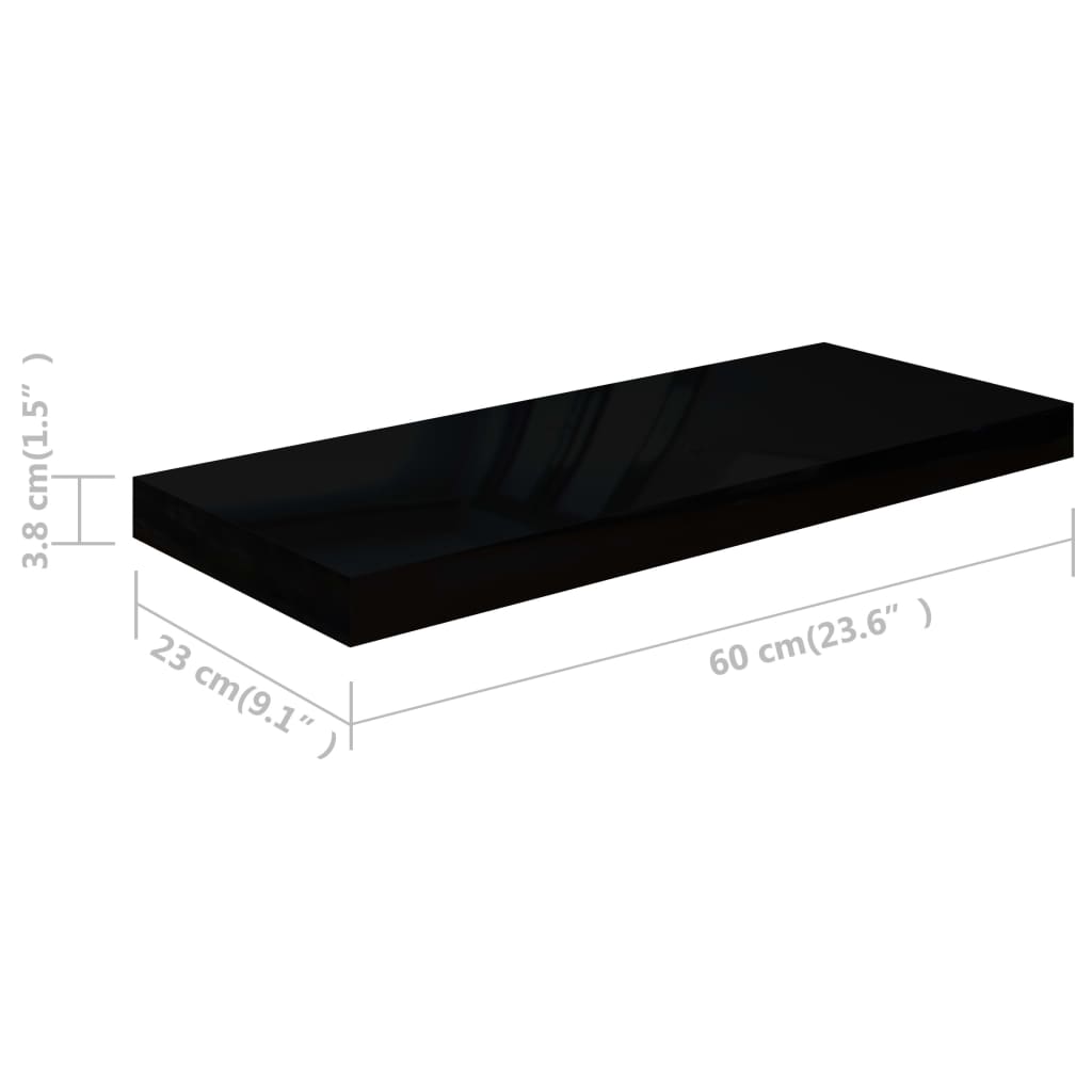 vidaXL sienas plaukts, spīdīgi melns, 60x23,5x3,8 cm, MDF