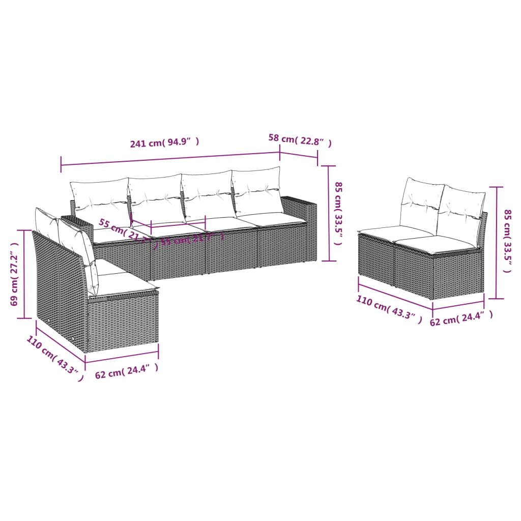 vidaXL 8-daļīgs dārza dīvānu komplekts, matrači, brūna PE rotangpalma