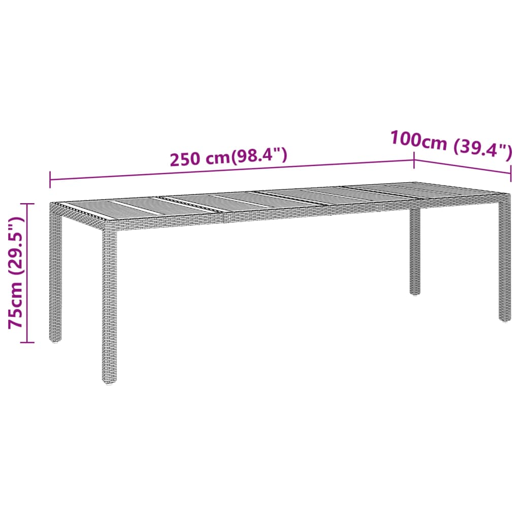vidaXL dārza galds, 250x100x75 cm, akācijas koks un PE rotangpalma