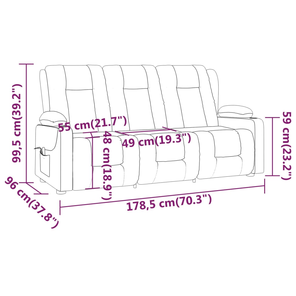 vidaXL trīsvietīgs masāžas krēsls ar glāžu turētāju, bēša mākslīgā āda