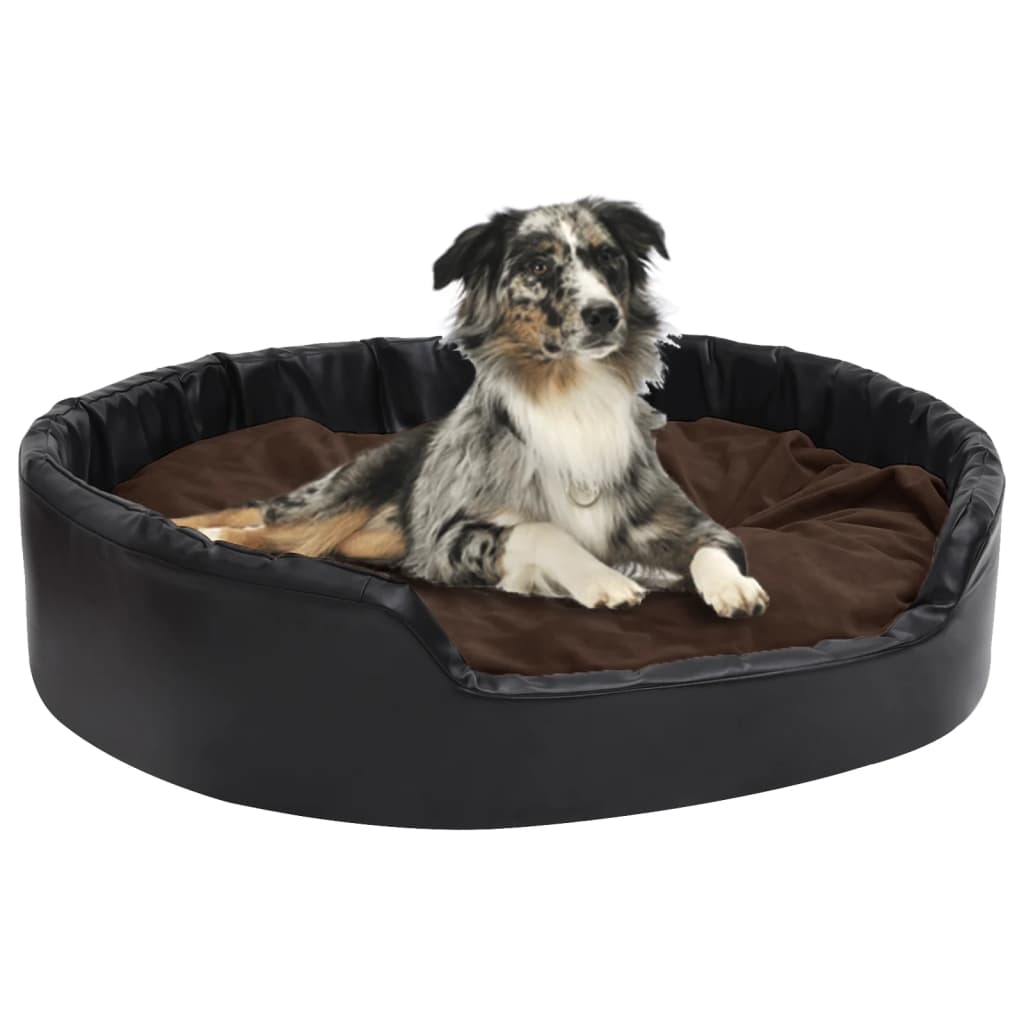 vidaXL suņu gulta, brūna ar melnu, 99x89x21 cm, plīšs, mākslīgā āda