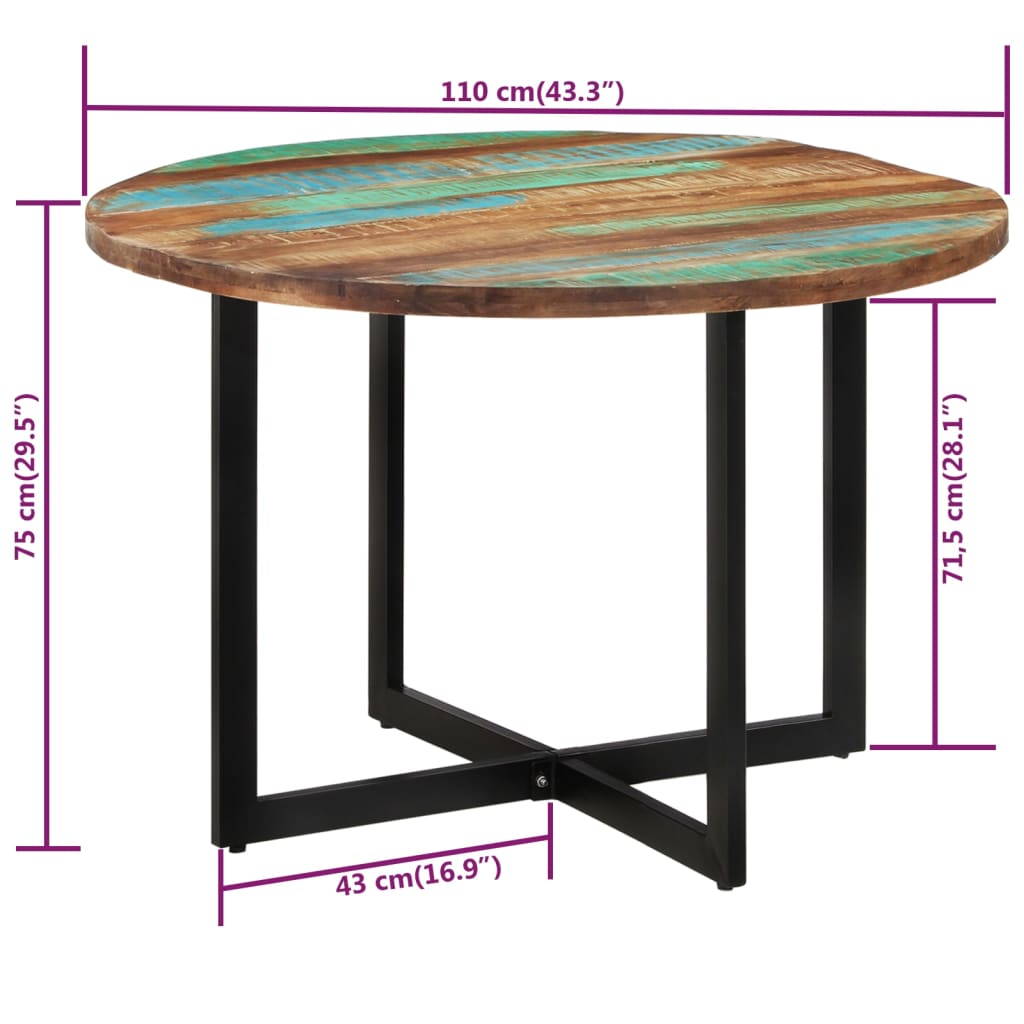 vidaXL virtuves galds, 110x75 cm, pārstrādāts masīvkoks