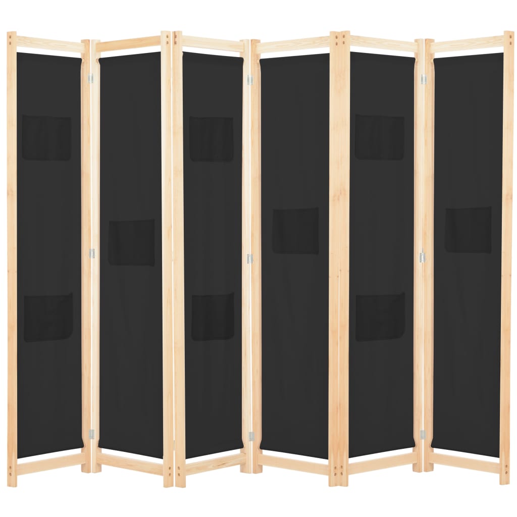 vidaXL 6-paneļu istabas aizslietnis, 240x170x4 cm, melns audums