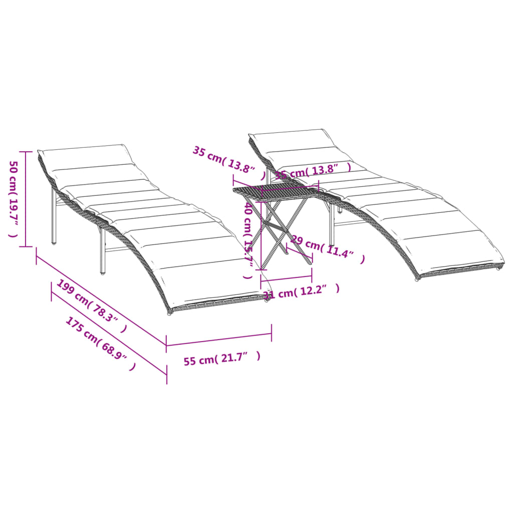 vidaXL sauļošanās zviļņi, 2 gab., ar galdiņu, brūna PE rotangpalma
