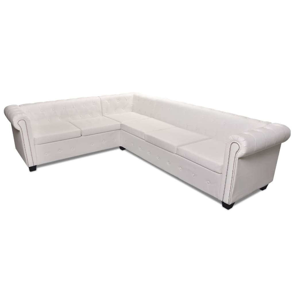 vidaXL sešvietīgs Chesterfield dīvāns, balta mākslīgā āda
