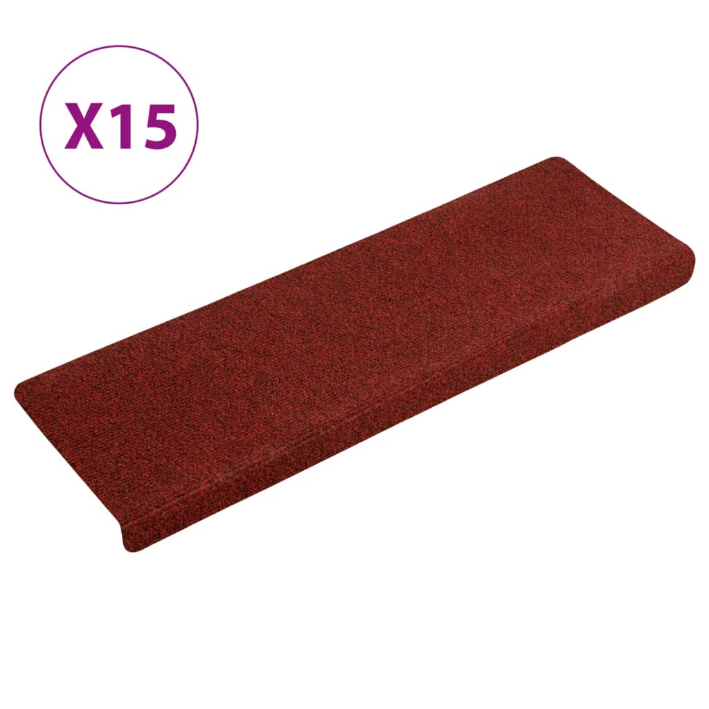 vidaXL kāpņu paklāji, 15 gab., adatu perforēti, 65x21x4 cm, sarkani